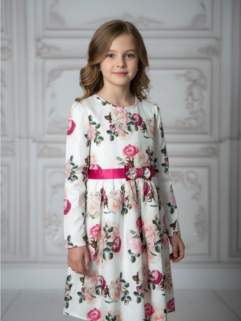 PatPat White Floral Long Sleeve Dress with Pink Waist Bow